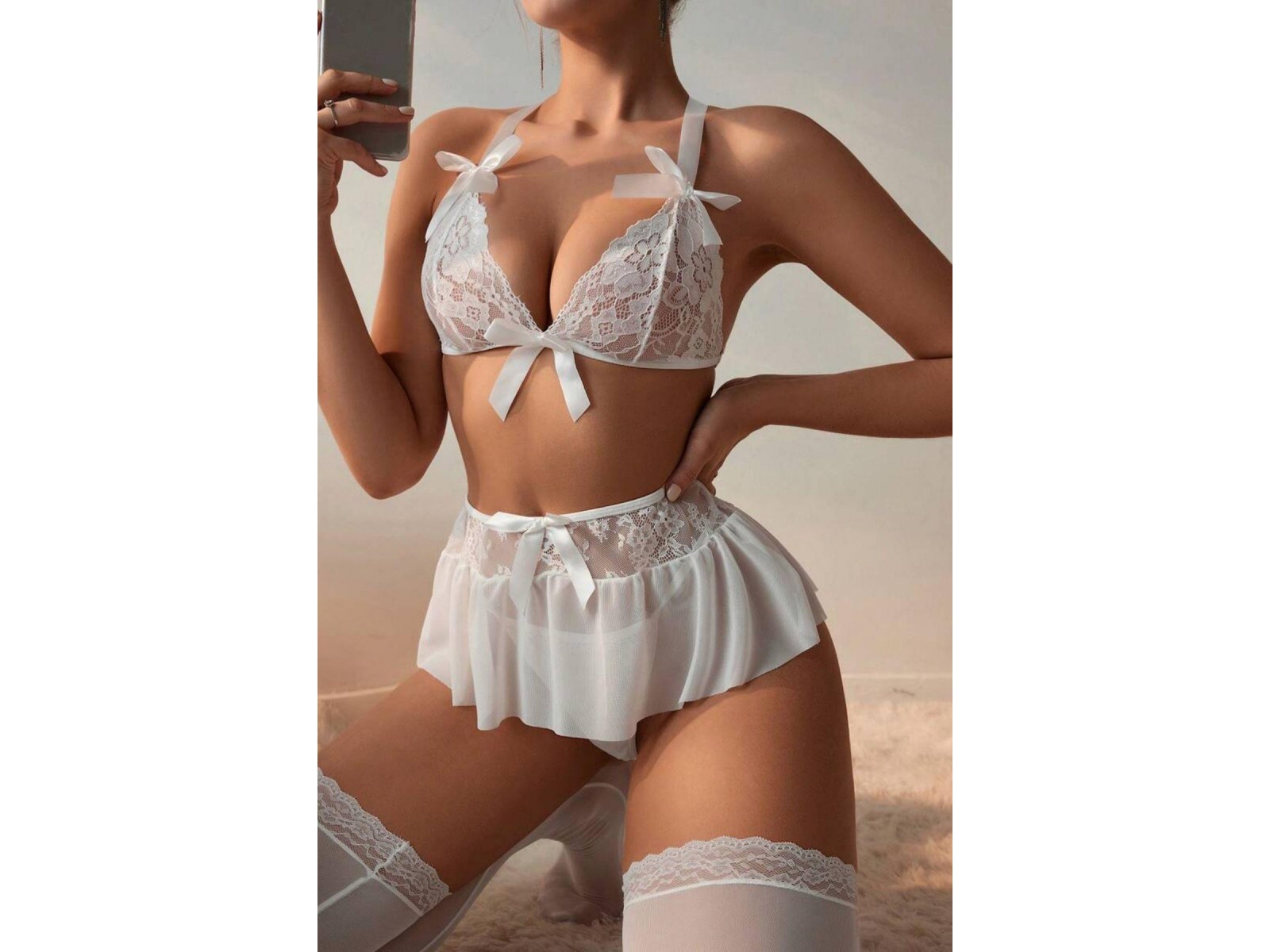 Bella Notte Beyaz Yüksek Bel Etekli Takım 16064 L/XL