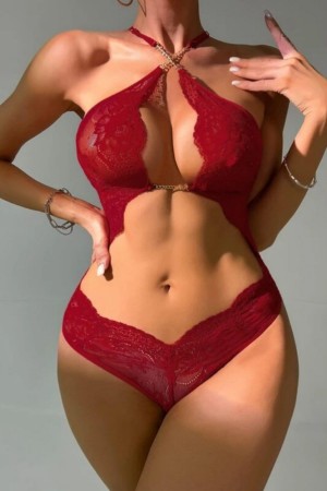 Bella Notte Bordo Boyundan Askılı Zincirli Dantel Babydoll 16052 S/M