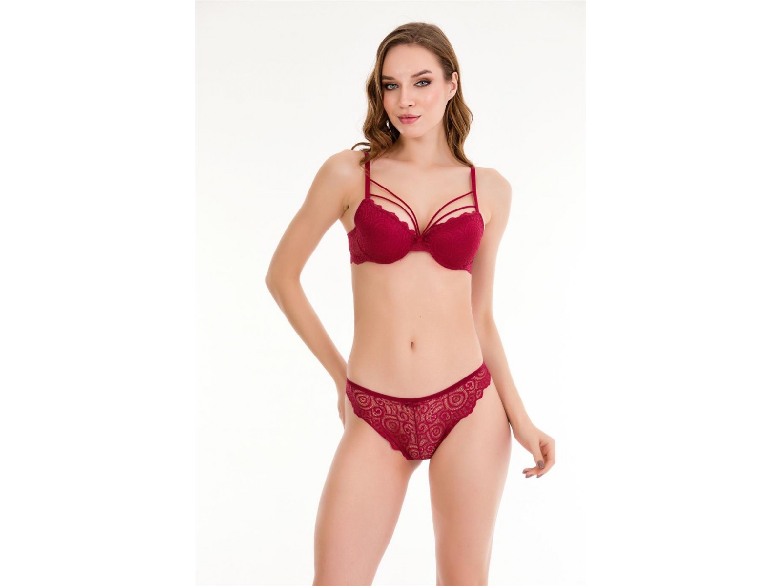 Bella Notte Bordo Dantelli Çift İp Detaylı Şık Sütyen Takım 19001 75