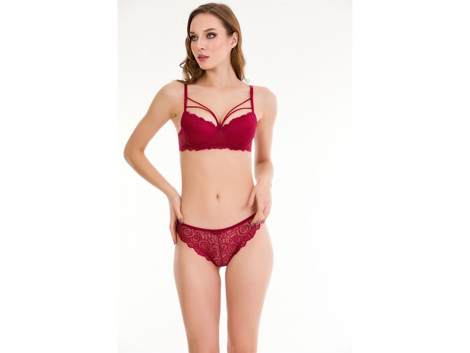 Bella Notte Bordo Dantelli Çift İp Detaylı Şık Sütyen Takım 19007 75