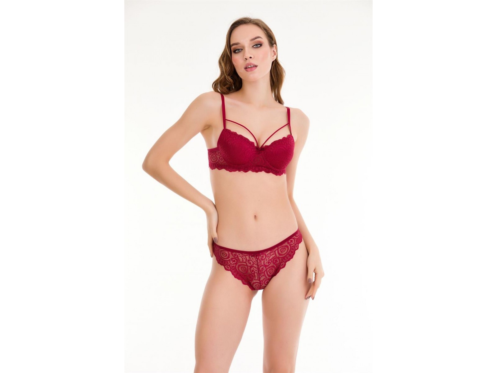 Bella Notte Bordo Dantelli Tek İp Detaylı Şık Sütyen Takım 19011 75