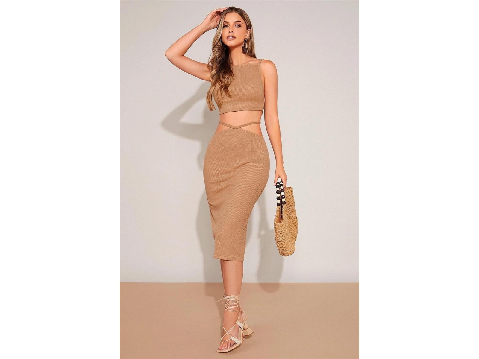 Bella Notte Cappuccino Belden İp Detaylı Etek Crop Takım BN6575C STANDART