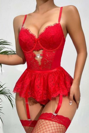 Bella Notte Kırmızı Dantelli Etekli Babydoll Takım 16517 L/XL