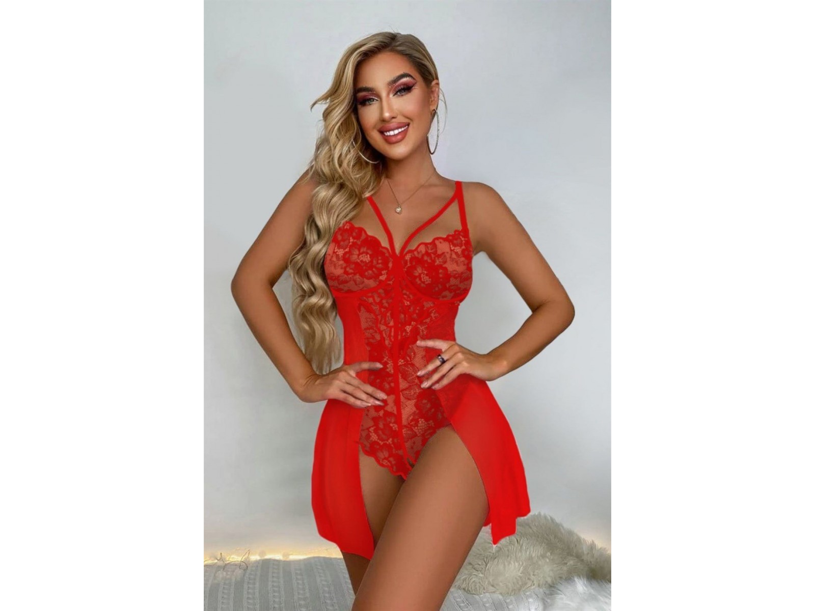 Bella Notte Kırmızı Özel Bölgesi Açık Babydoll Gecelik 15034 S/M