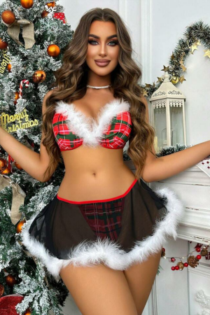 Bella Notte Kırmızı Siyah Tüy Detaylı Yılbaşı Tasarım Gecelik 16057 S/M