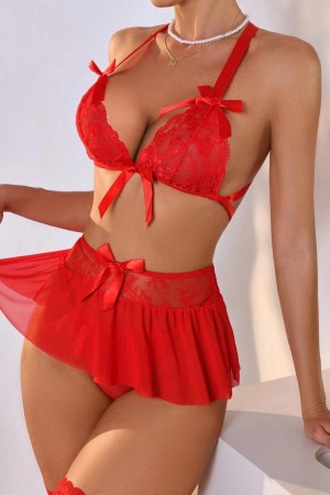 Bella Notte Kırmızı Yüksek Bel Etekli Takım 16066 L/XL