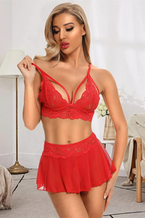 Bella Notte Özel Bölgesi Açık Kırmızı Etekli Bralet Sütyen Takım 16016 2XL-3XL