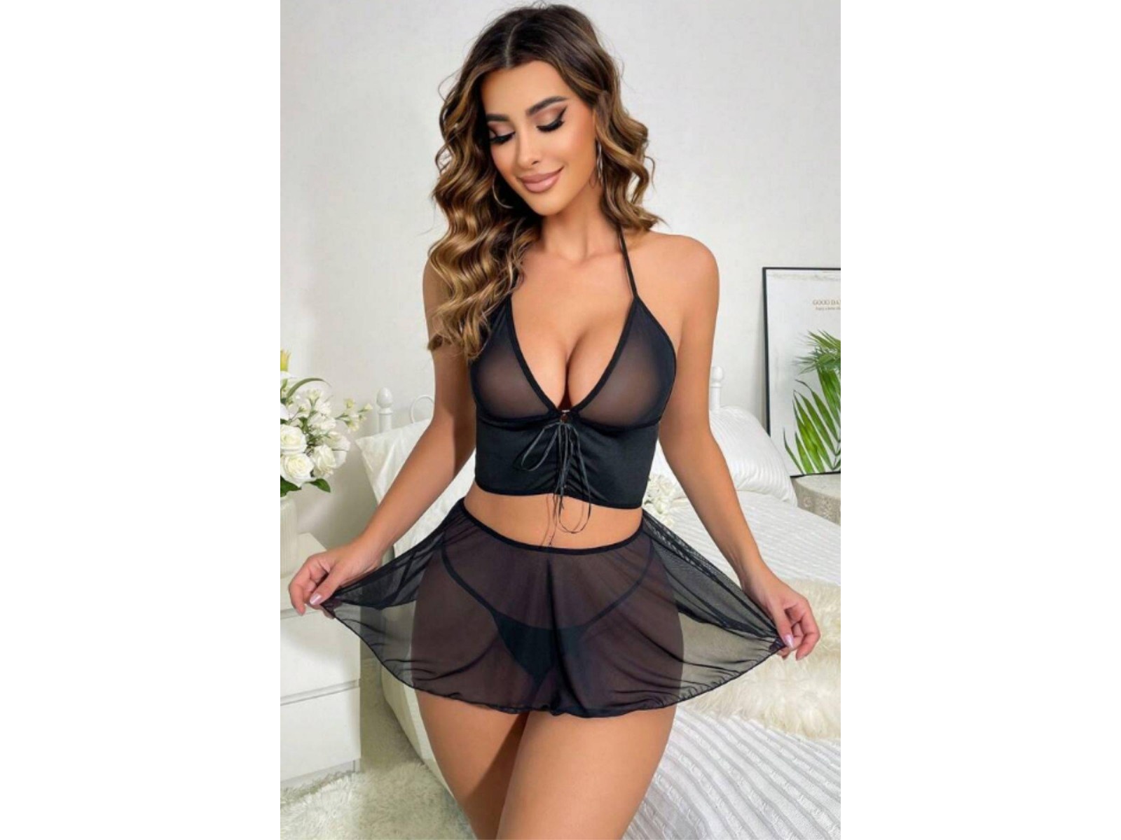 Bella Notte Siyah Bağlama Detaylı Sütyen Etek Takım 16027 S/M