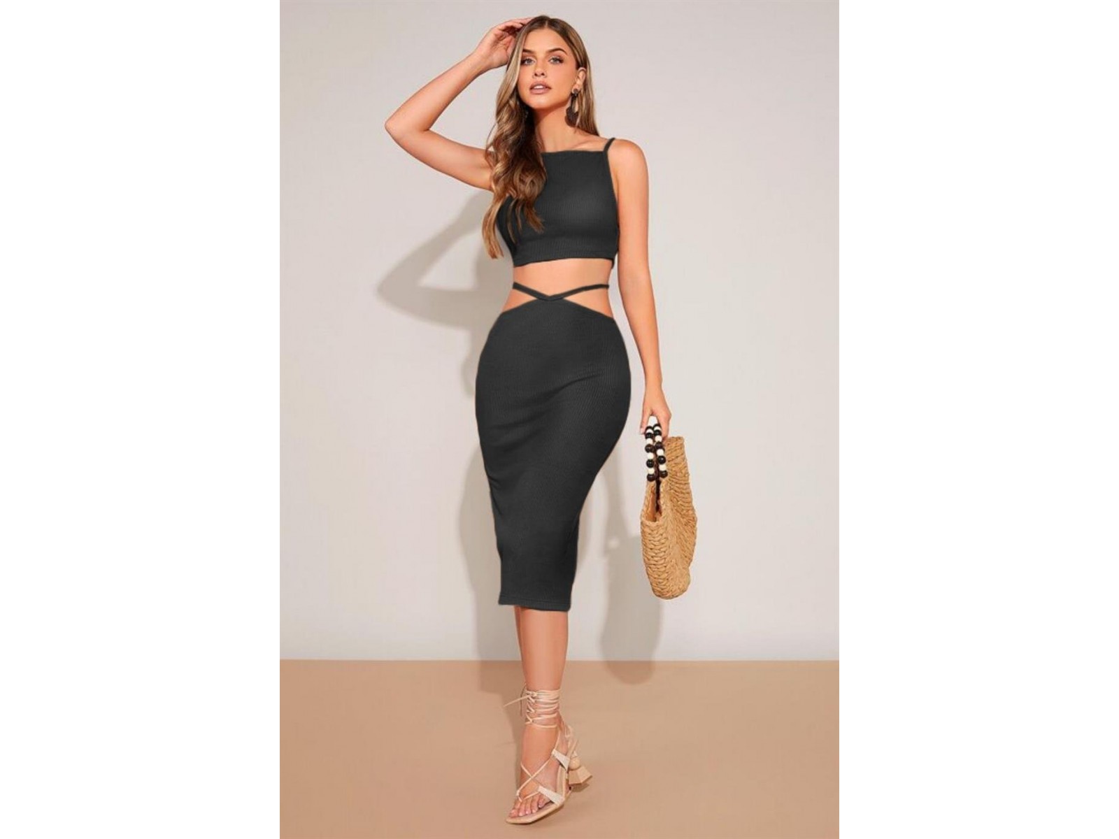 Bella Notte Siyah Belden İp Detaylı Etek Crop Takım BN6575S  STANDART