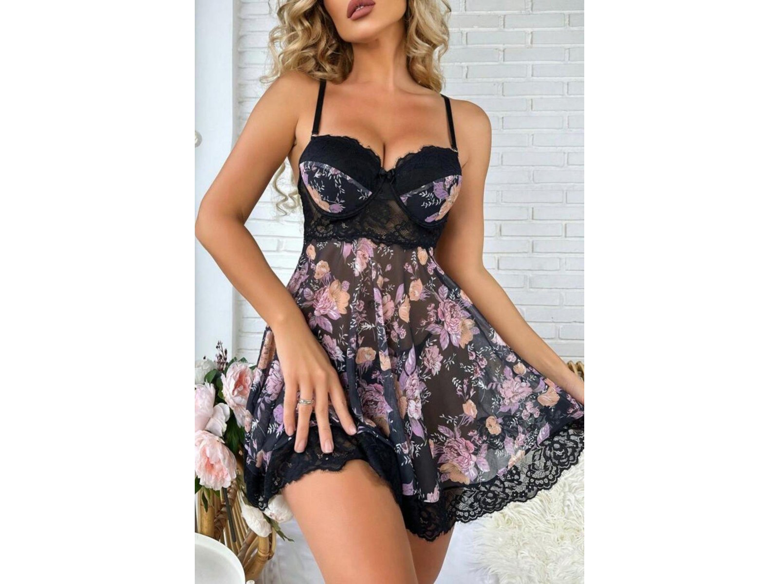 Bella Notte Siyah Desenli Mini Gecelik 15700 L/XL
