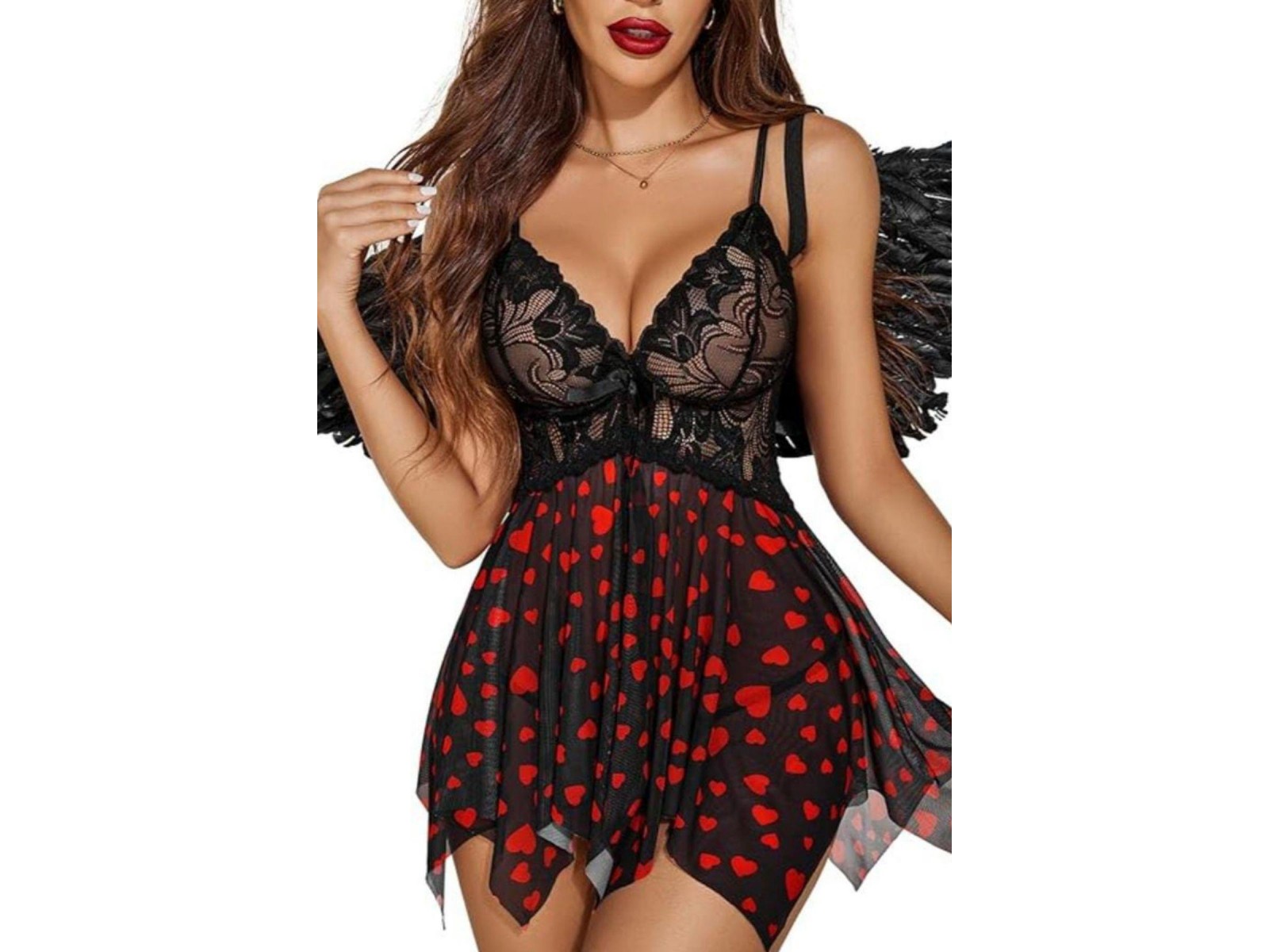 Bella Notte Siyah Kalp Desenli Likralı Transparan Tül Gecelik 15539 L/XL