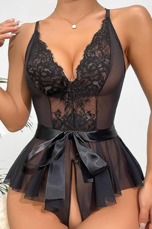 Bella Notte Siyah Özel Bölgesi Açık Kuşaklı Gecelik 15037 S/M