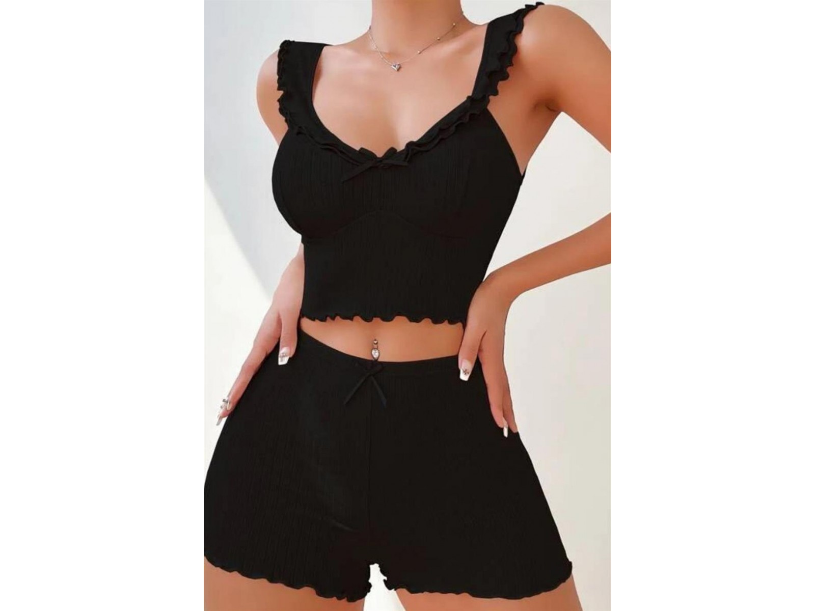 Bella Notte Viskon Siyah Valonlu Şortlu Takım 7505 S