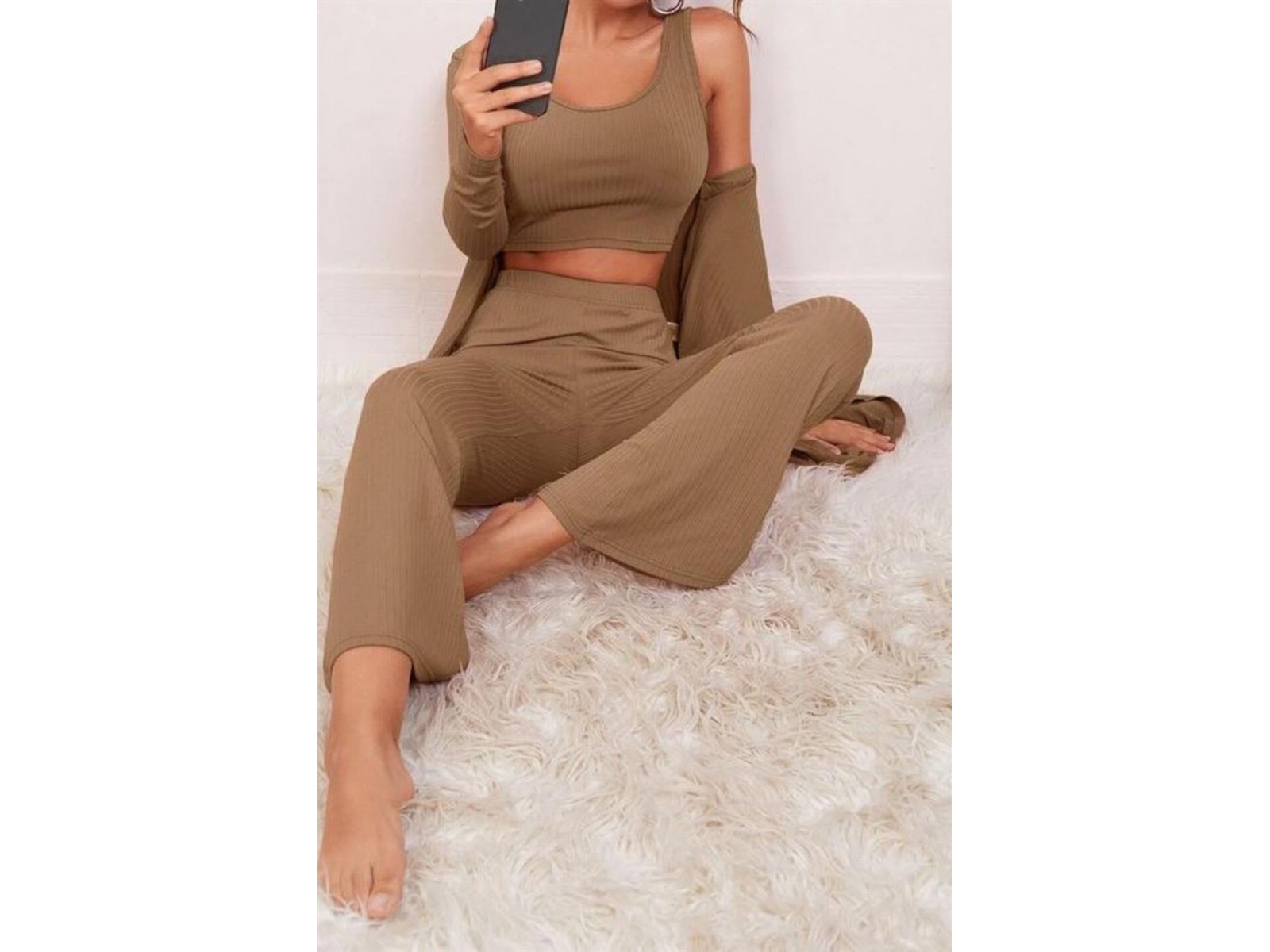 Bella Notte Viskon Soluk Kahverengi 3 lü Crop Takım 7007 M