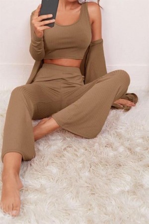 Bella Notte Viskon Soluk Kahverengi 3 lü Crop Takım 7007 M