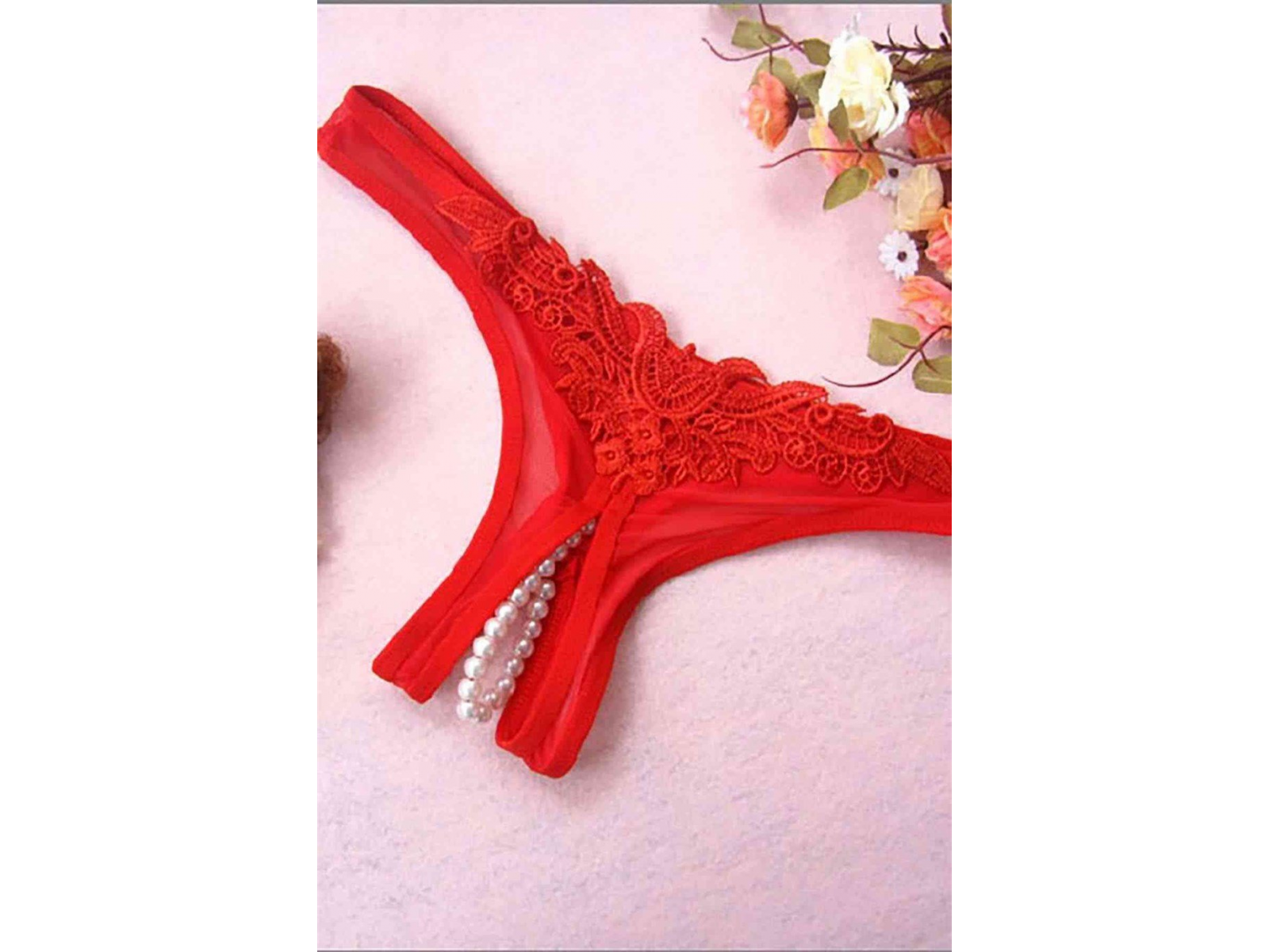 Bella Notte Kırmızı Özel Bölgesi Açık İnci Detaylı Fantazi Tanga 18010 S/M