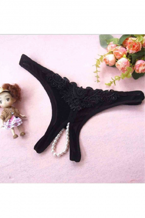 Bella Notte Siyah Dantelli İnci Detaylı Özel Bölgesi Açık Fantazi Tanga 18007 S/M