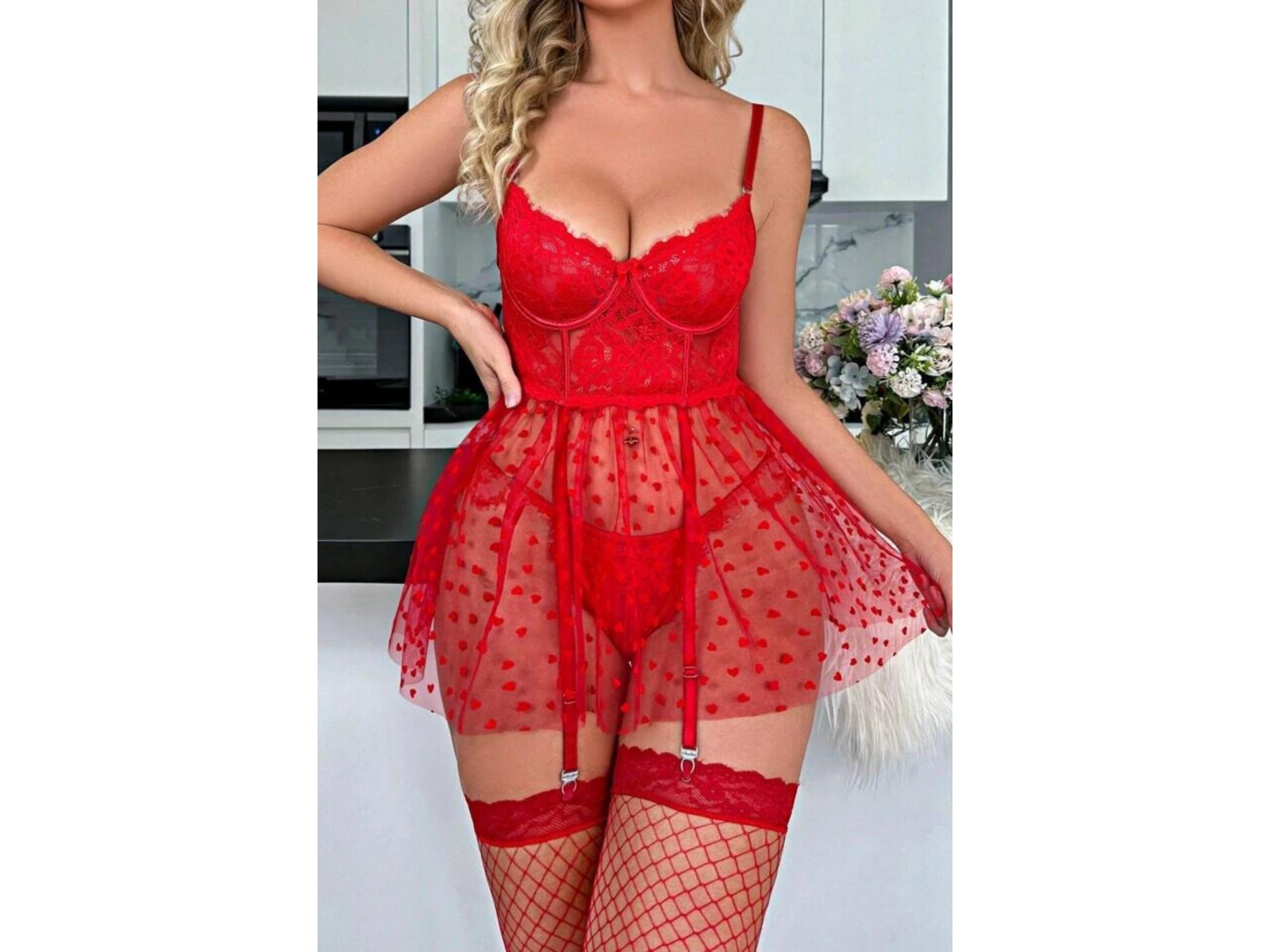 Bella Notte Kırmızı Kalp Desenli Askılı Gecelik 15592