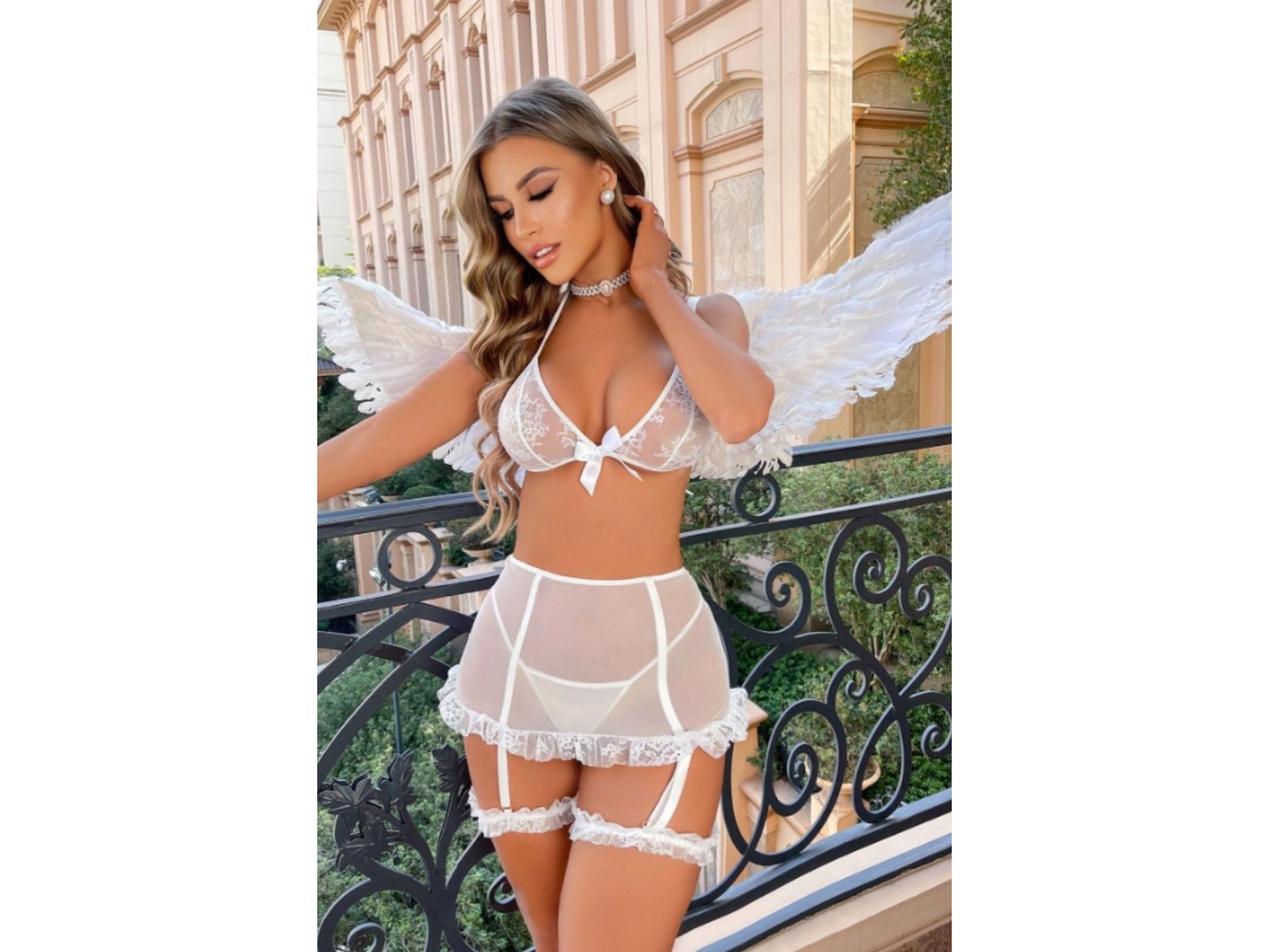 Bella Notte Kırık Beyaz Dantel Detaylı  Tül  Gecelik Takım 16029