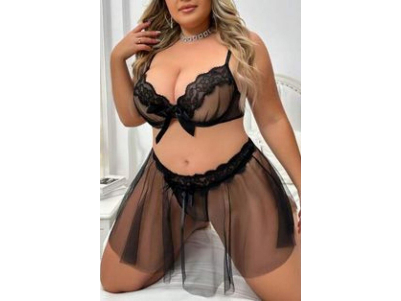 Bella Notte Siyah Askılı Büyük Beden Etekli Tül Takım 18521