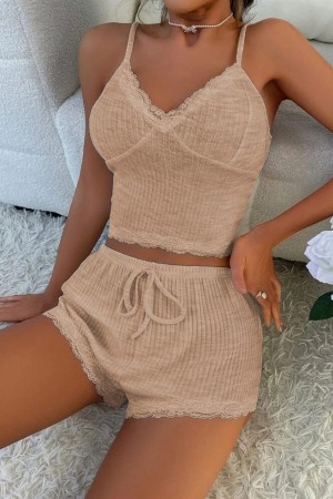 Bella Notte Viskon Koyu Krem Dantelli Hoş Şortlu Takım 7509