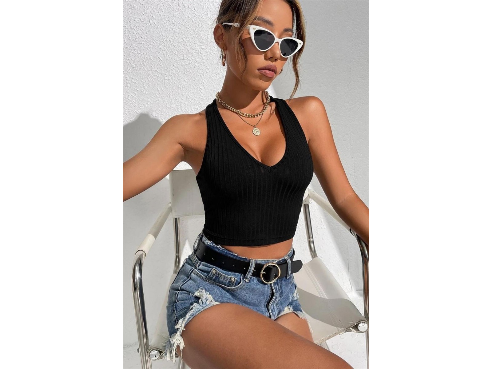 Bella Notte Siyah V Yakalı Crop BN6566S
