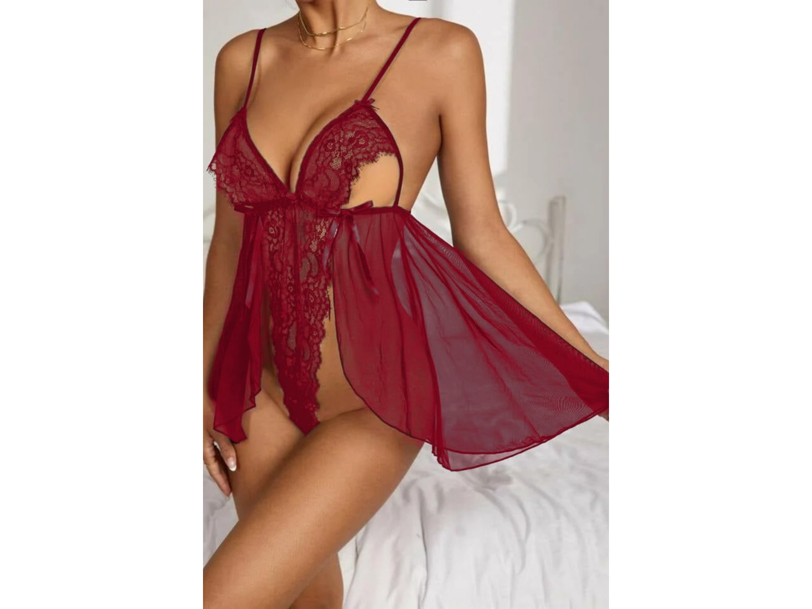 Bella Notte Bordo Dantel Özel Tasarım Bodysuit Gecelik 15523